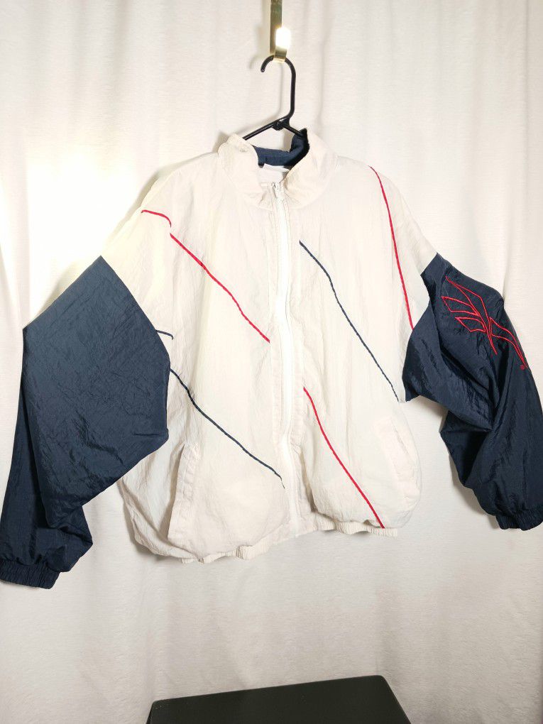 VINTAGE Reebok Zip up Jacket Adult XL White Blue Logo Windbreaker Coat Mens 90s