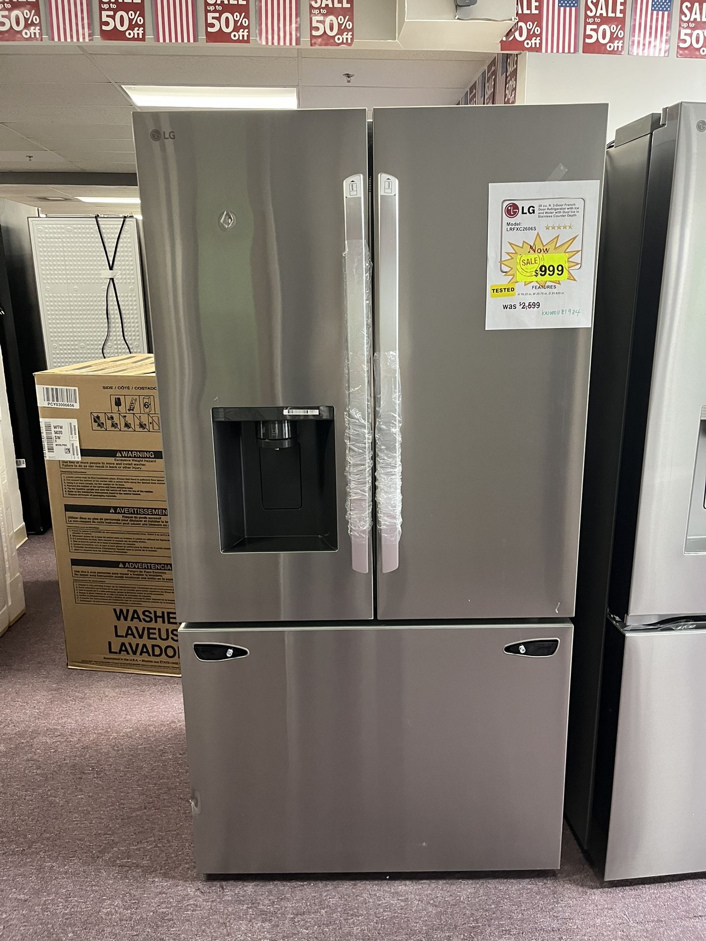 Refrigerator, LG Open Box 36” W 26cu.ft Fridge 