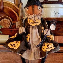 Primitive Halloween OOAK Pumpkin Shelf Sitter Witch Doll