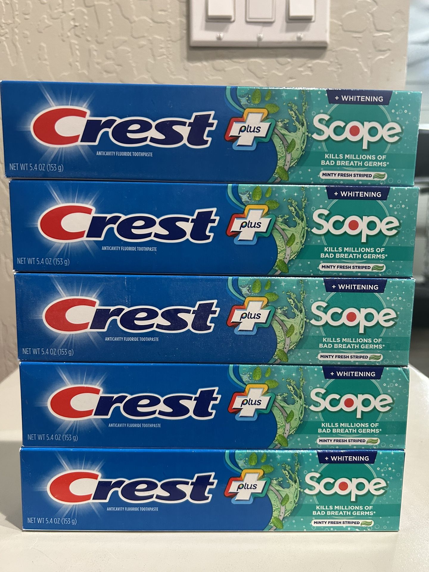 CREST + SCOPE MINTY FRESH STRIPED TOOTHPASTE 5.4 OZ $2.50 EACH