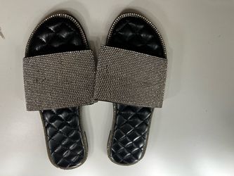 Rhinestone Slide Sandals Black/ Tan Quilted