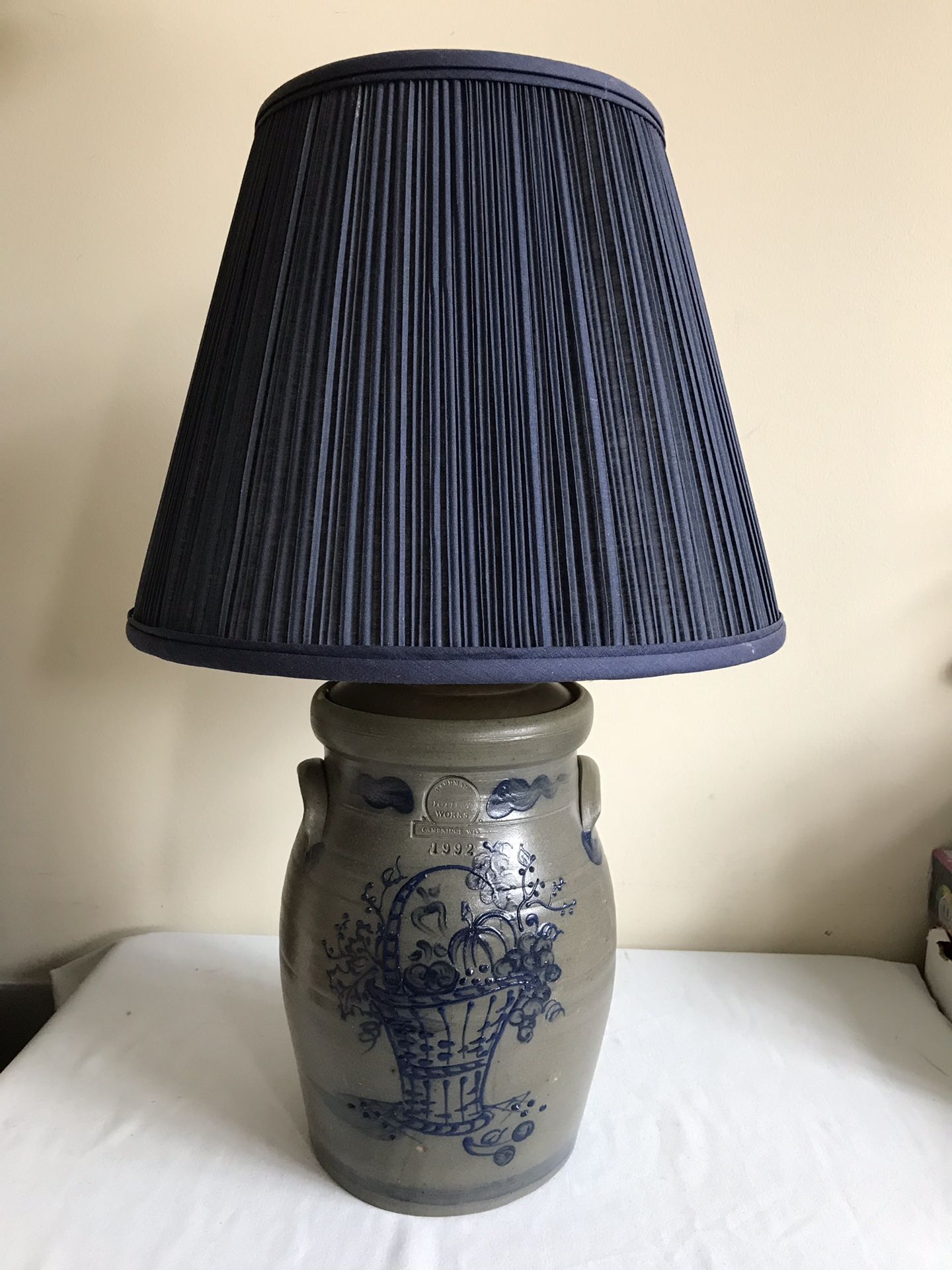 Rowe Pottery Works Salt Glaze Blue Flower Basket Table Lamp 1992 (#2)
