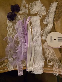 Lavender And White Pre-cut Lace, 2 Purple Mini Dollies, Spools Of Lavender Colored Ribbon