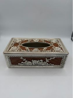 Vintage Hollywood Regency Plastic Ornate Faux Wood W/ Silver-Gold Tone Floral Tissue Box Cover