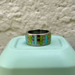 Vintage Sundance: Sterling Silver Turquoise & Gaspeite Inlaid Plaid Southwestern Ring - Size 6