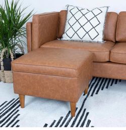Brown Faux Leather Ottoman with Wood Legs