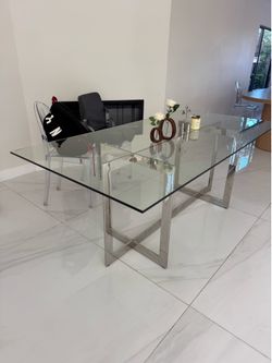 Modern Glass Dining Table with 10 Clear Acrylic Ghost Chairs