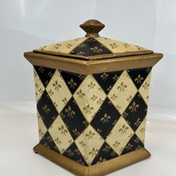 Decorative Diamond Canister Fleur-de-Lis Pattern Black Gold 11” Lidded Decor