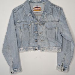 Code Bleu Cropped Lace Trim Denim Jacket