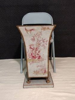 Sarreid Grey Red Brass Asian Sketched Footed Lion Head Tole Floor Vase Cache Pot