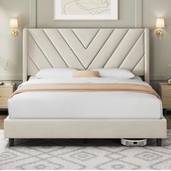 Queen Bed Frame Upholstered Platform Bed/Wooden Slat Support/Tufted Headboard with Wing Side/Mattress Foundation/No Box Spring Needed,Beige Queen
