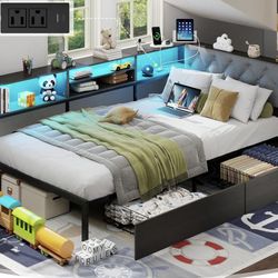 Corner Bed Frame with Storage Bookcase and LED Lights Twin Platform Bed Frame with Upholstered Headboard and Charging Station, Twin Daybed with 2 Stor