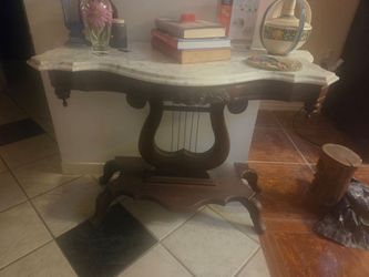 Victorian Style J.B. Van Sciver Marble Top Mahogany Harp Lyre Console Table and matching side tables
