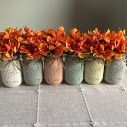 Chalk Painted & Distressed Mason Jar Vases w/faux Greenery/Flowers Included 6 for $30