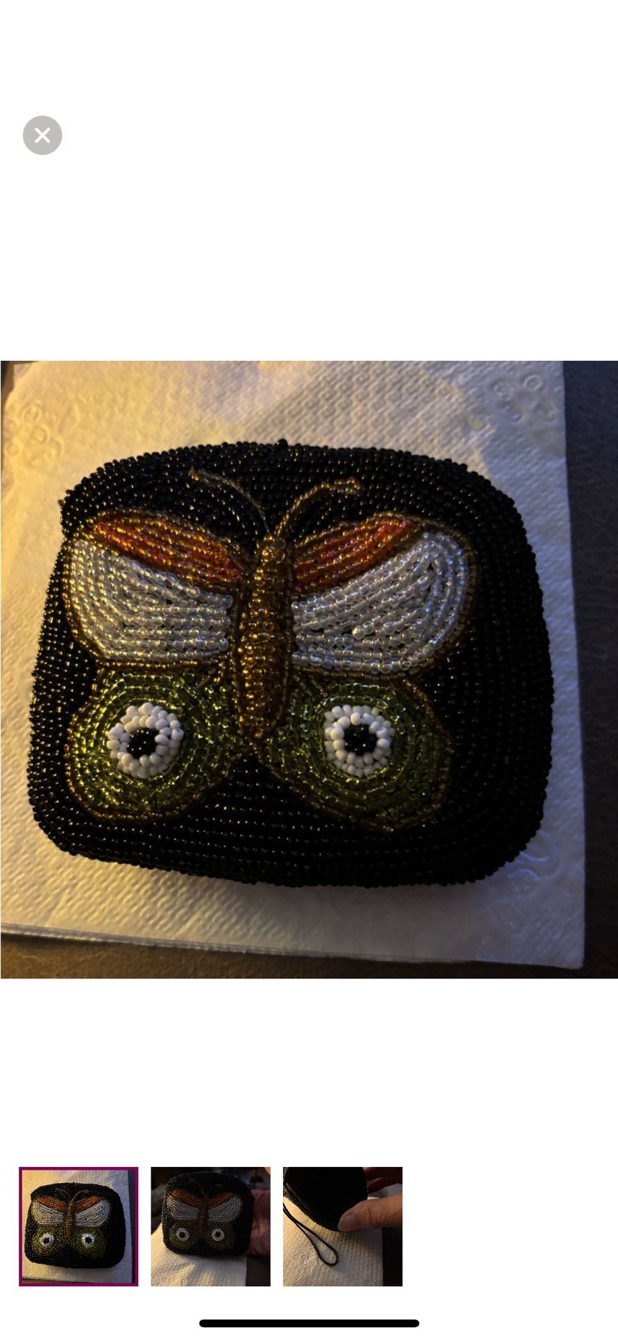 Vintage Elegant beaded coin purse with a butterfly design.: black, orange, white, and green glass beads . Zip Closure Satin Like Inside Lining 12