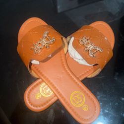 Tan Slide Sandals with Gold Logo Detail