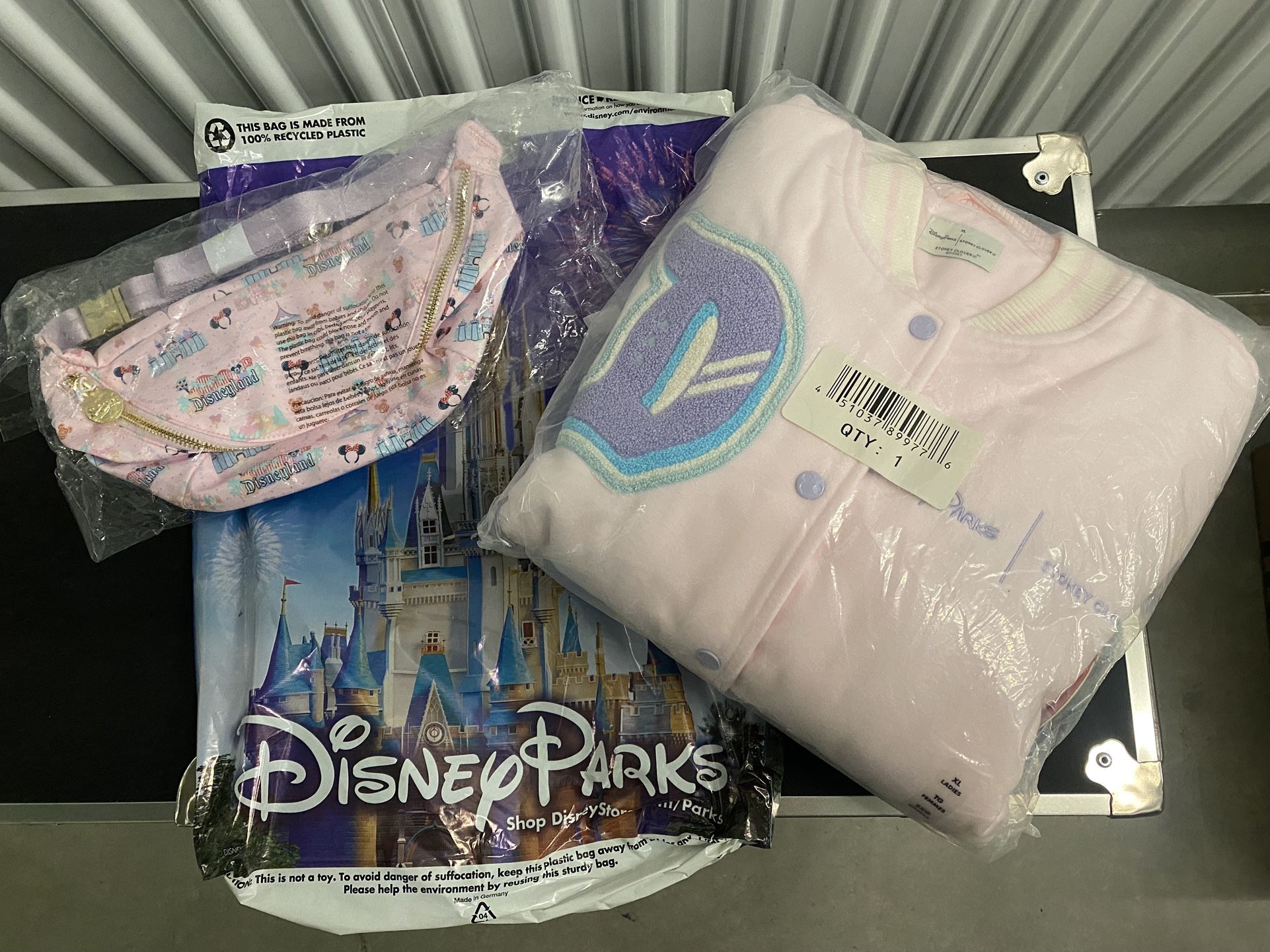 NEW Disney Stoney Clover Lane Disneyland Varsity Jacket Pink (Size XL) and Jumbo Fanny Pack IN HAND