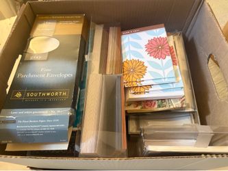 Full box of note cards, stationary and printer paper