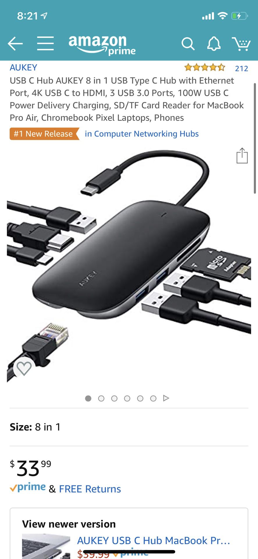 USB C Hub AUKEY 8 in 1 USB Type C Hub with Ethernet Port, 4K USB C to HDMI, 3 USB 3.0 Ports, 100W USB C Power Delivery Charging, SD/TF Card Reader fo