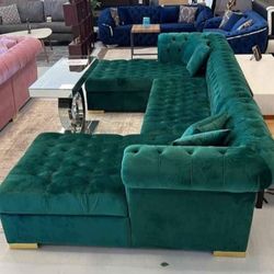 LAUREN GREEN VELVET DOUBLE CHAISE SECTIONAL
