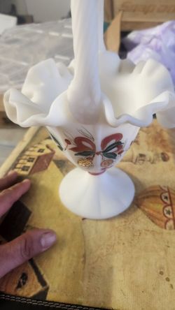 Fwnton Milk Glass Ruffled Bud Vase with Floral Decal