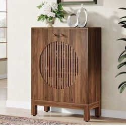 New assembled Farmhouse Sideboard Cabinet with Storage, Wooden Buffet Cabinet with Round Louvered Doors & Removable Shelves for Kitchen, Living Room, 