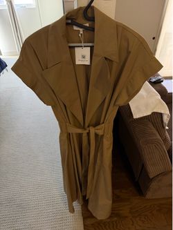 Lafayette 148 New York Lafayette 148 New York Camel Short-Sleeve Shirt Midi Dress with Self Tie