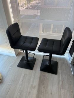 2 Black Leather Stool, Swivel, Square Base, Adjustable Height