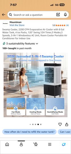 Swamp Cooler, 2200 CFM Evaporative Air Cooler with 8 Gal Water Tank, 4 Ice Packs, 120° Swing,12H Tim
