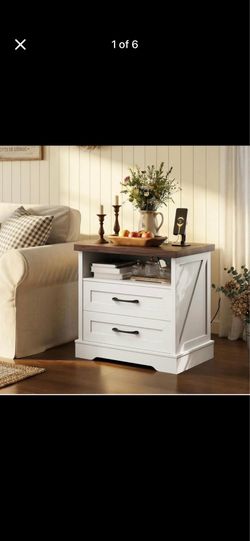 24” Farmhouse Nightstand with Charging Station – White & Dark Walnut