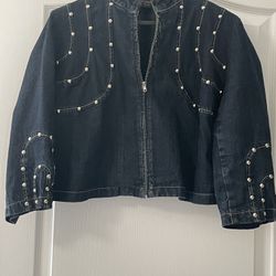 Blue Denim Stud Embellished Cropped Jacket