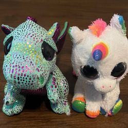 Lot 2 Ty Beanie Boo's Cinder The Green Dragon Pixy Unicorn Plush