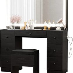 Vanity Makeup Desk Set with LED Lighted Mirror & Power Outlet, 7 Drawers Bedroom Vanities Table with Stool,Black  Color Black Material Wood