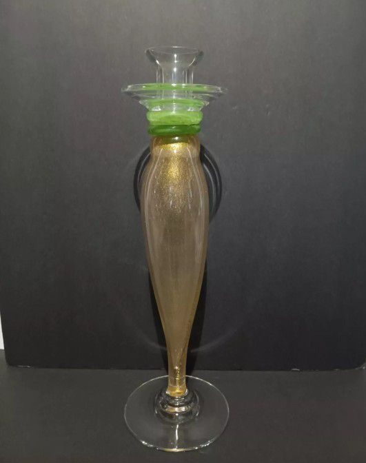Murano Style, Abigail glass candle holder made in Italy 15” Tall Gold And Green