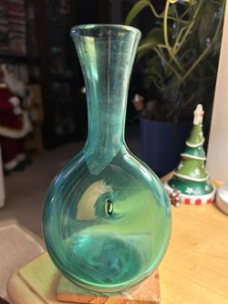 Vintage Blenko Pinch Vase in Teal Handblown Mid-Century Modern Art Glass Donut vase 