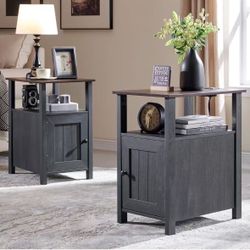 Set of 2 farm bedside tables, side table with charging station, rustic side table with barn door and open shelves $80