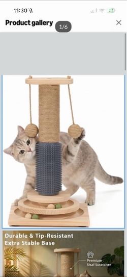 New in box 4-in-1 Solid Wood Cat Scratching Post with Self-Groomer, Medium Size Natural Sisal Scratcher with 2-Level Track Ball Toy, Interactive Cat T