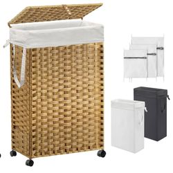 70L Slim Laundry Hamper with Lid & Wheels, Rolling Laundry Basket with 2 Removable Liner Bags & 3 Mesh Bags, Narrow Dirty Clothes Basket, Foldable Han