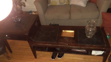 Nice solid dark wood w/leather design cubby holes 2 PC set