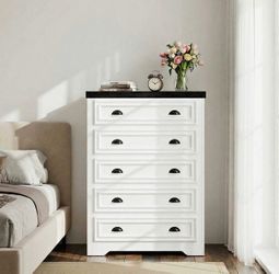 New in box White 5-Drawer Tall Dresser with Black Top and Outlet