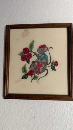 Framed Embroidery Art Mice and Berries