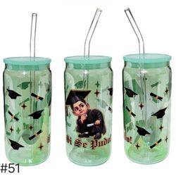 Graduation Green Holographic Glass Tumbler Cup 20 oz UV DTF Design Glass Straw