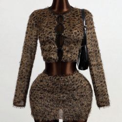 Cropped Fluffy Long Sleeve and Skirt Set