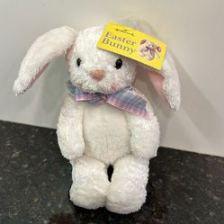 Hallmark Cards White Bunny Rabbit Plush W/Plaid Bow Stuffed Animal Toy Blushing 