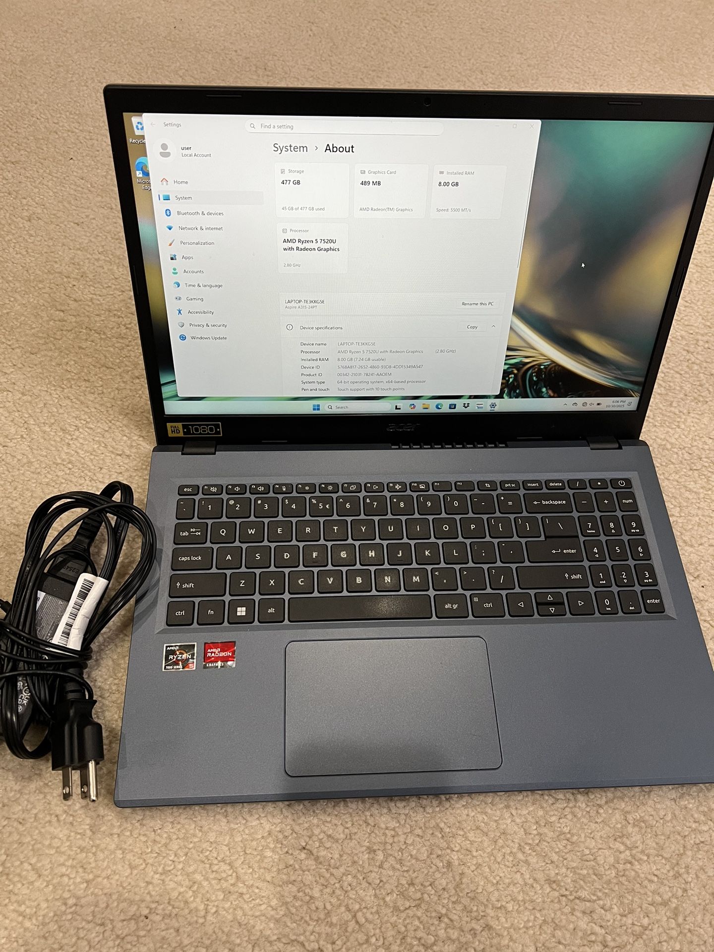 Acer Aspire Touch Screen Laptop (works great)