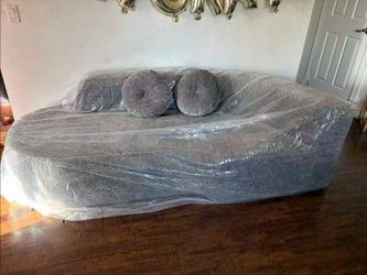 Gray Fabric Sofa with Round Accent Pillows