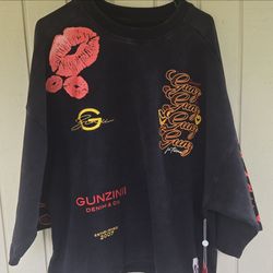 Gunzinii Denim & Co. Mens L Black Graphic Oversized Crewneck Fleece Pullover