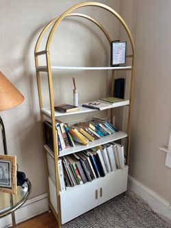 Modern Arched Gold & White Bookshelf with Cabinet