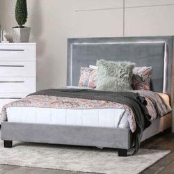 Brand New Gray Queen Size Bed Frame Built-in LED Lights