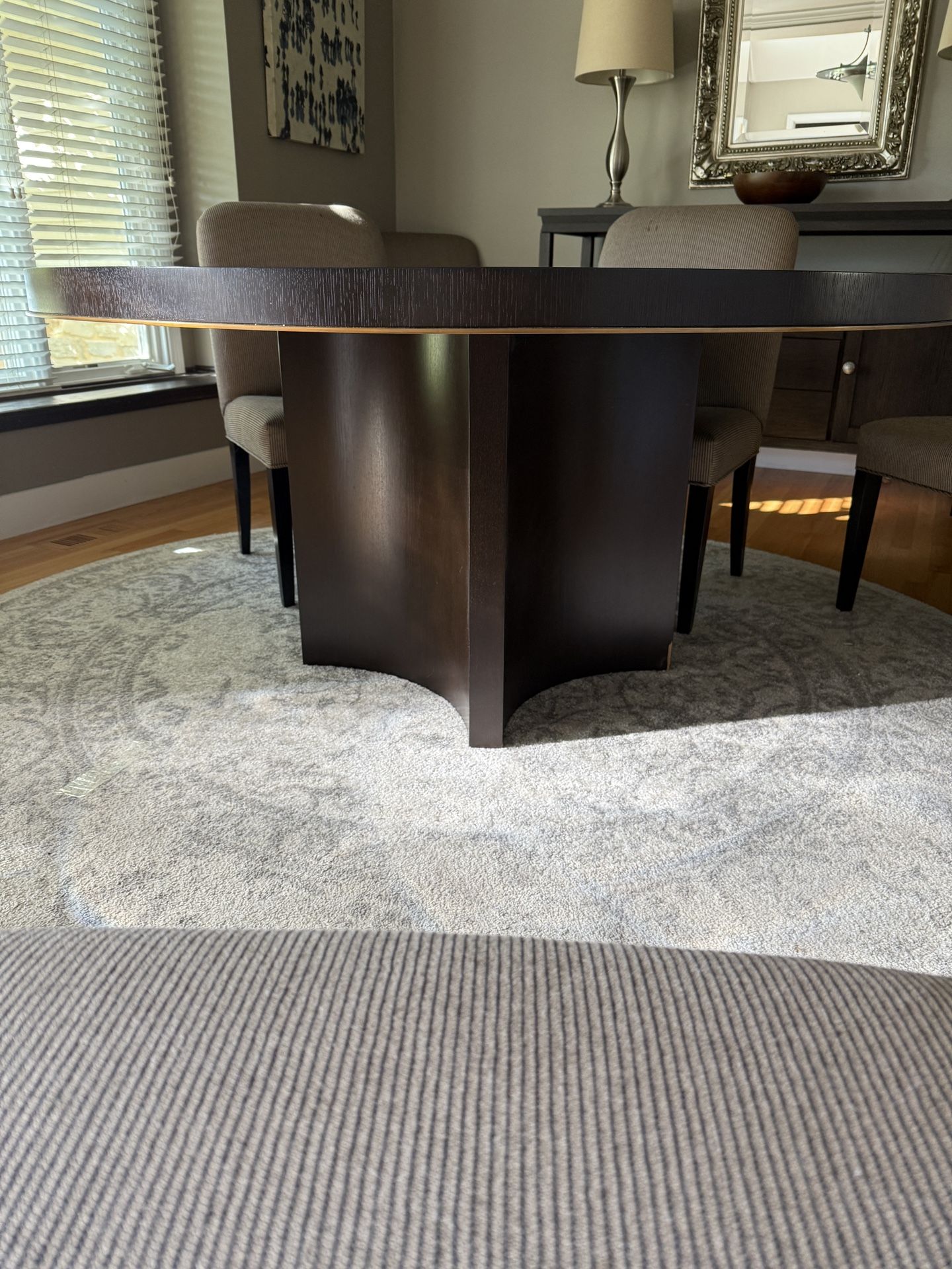 Crate & Barrel Round Dining Table – Dark Wood Color, Good Condition